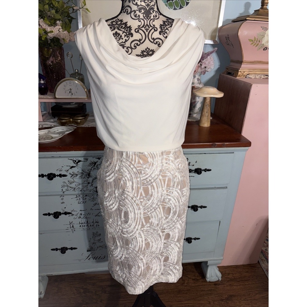 Adrianna Papell White Sleeveless Cowl Neck Stretch Dress Size 6